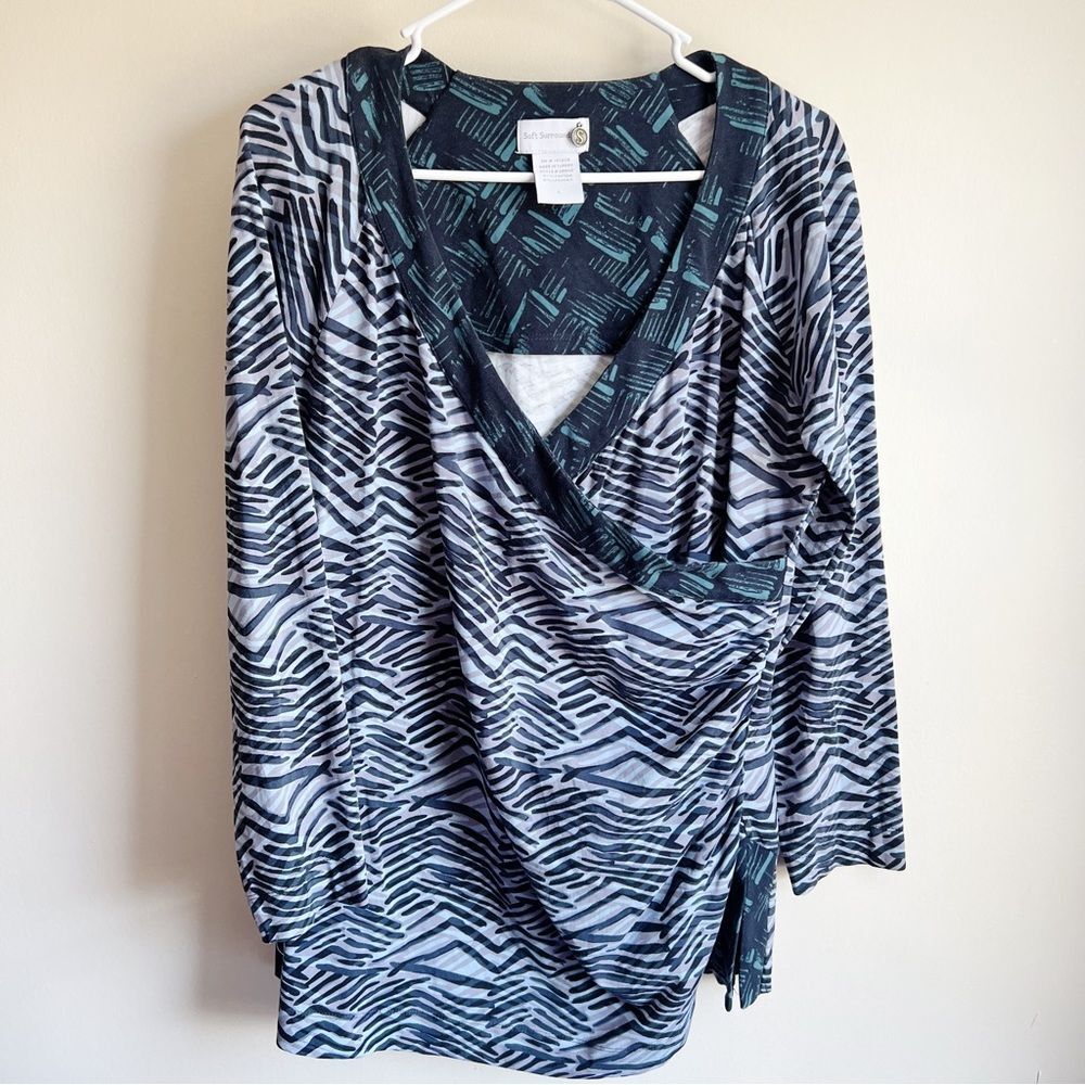 Soft Surroundings Blue Animal Print Patterned Faux Surplice Boho Blouse